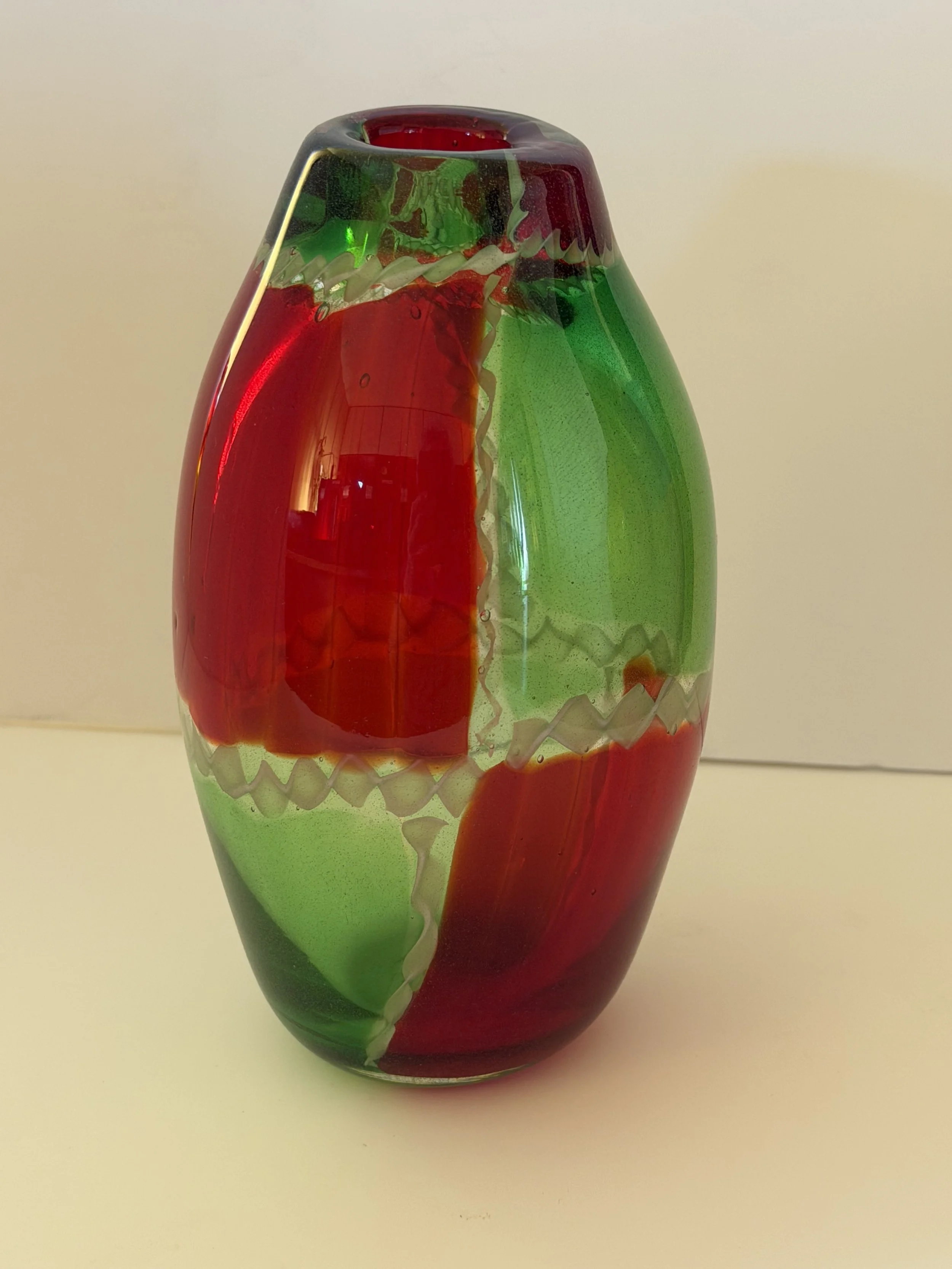 Handblown glass vase, Transparent red and green separated by twisted handmade white cane.