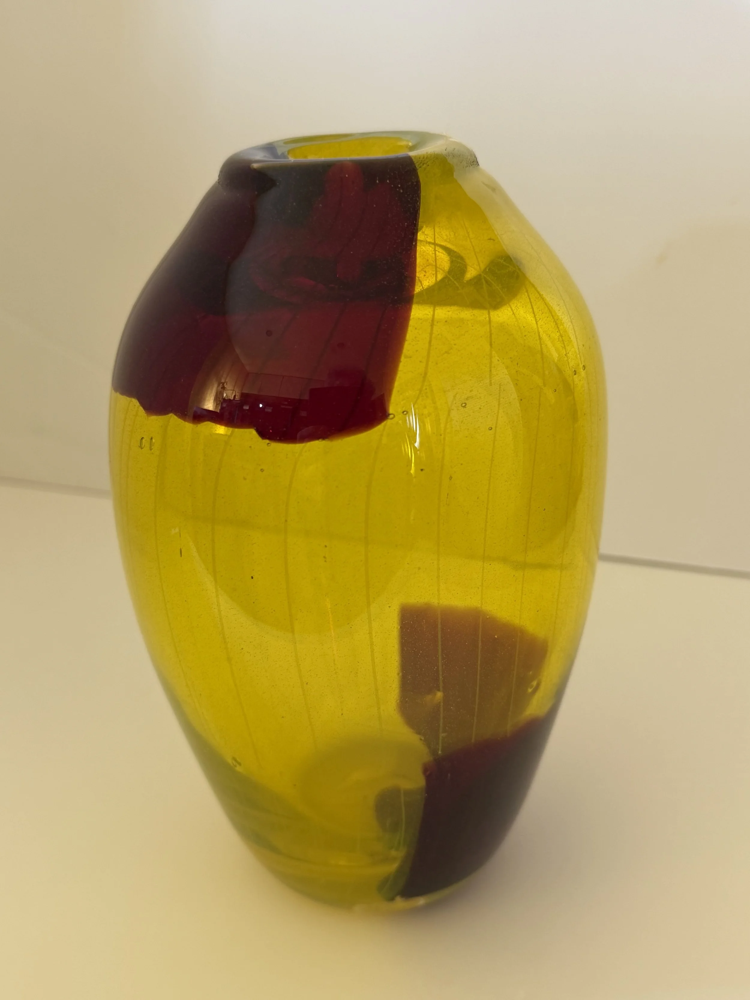 Handblown glass vase, Transparent yellow with asymmetrical transparent red blocks.
