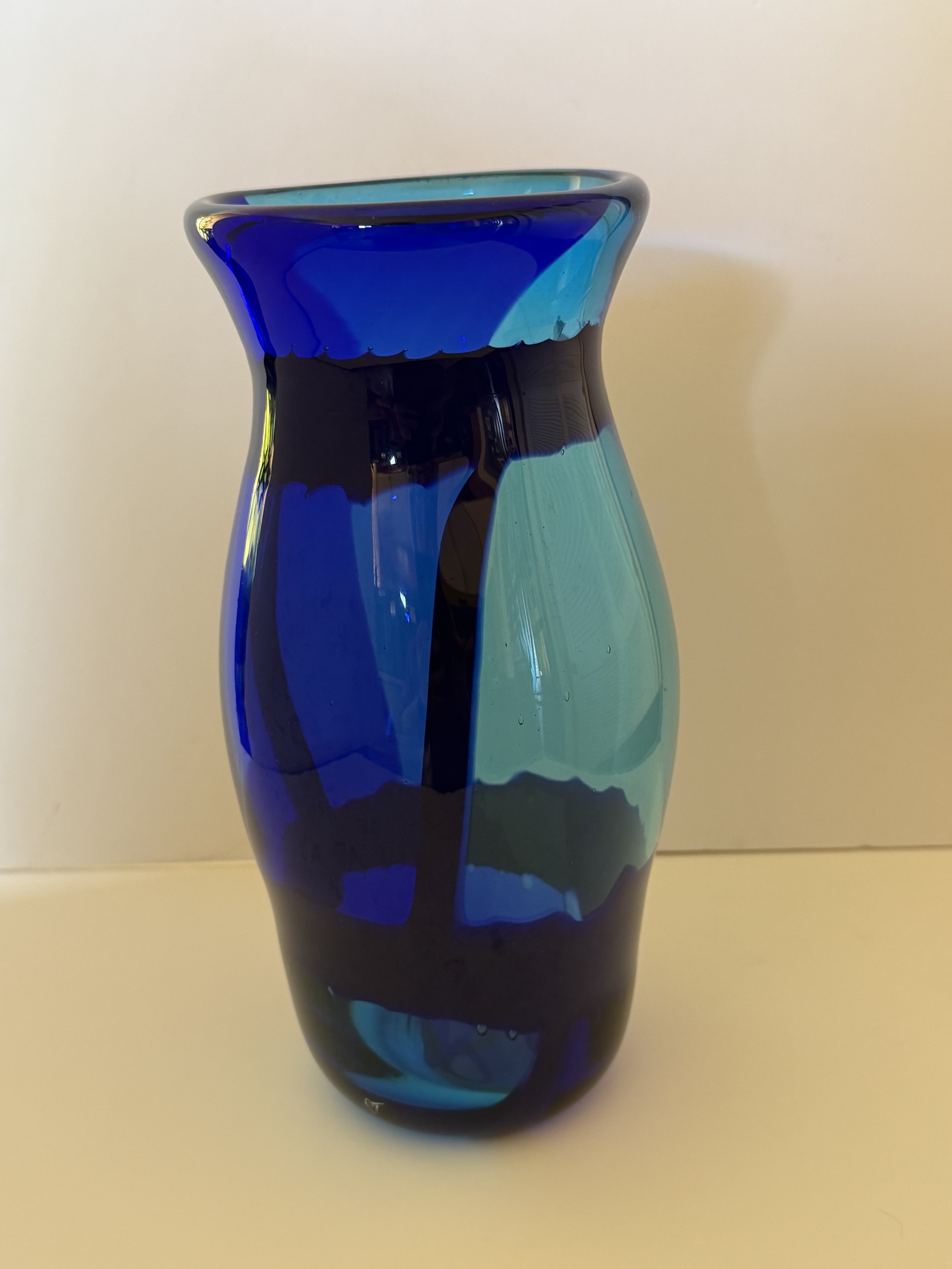 Handblown glass vase, Transparent cobalt and aqua separated by black bands.