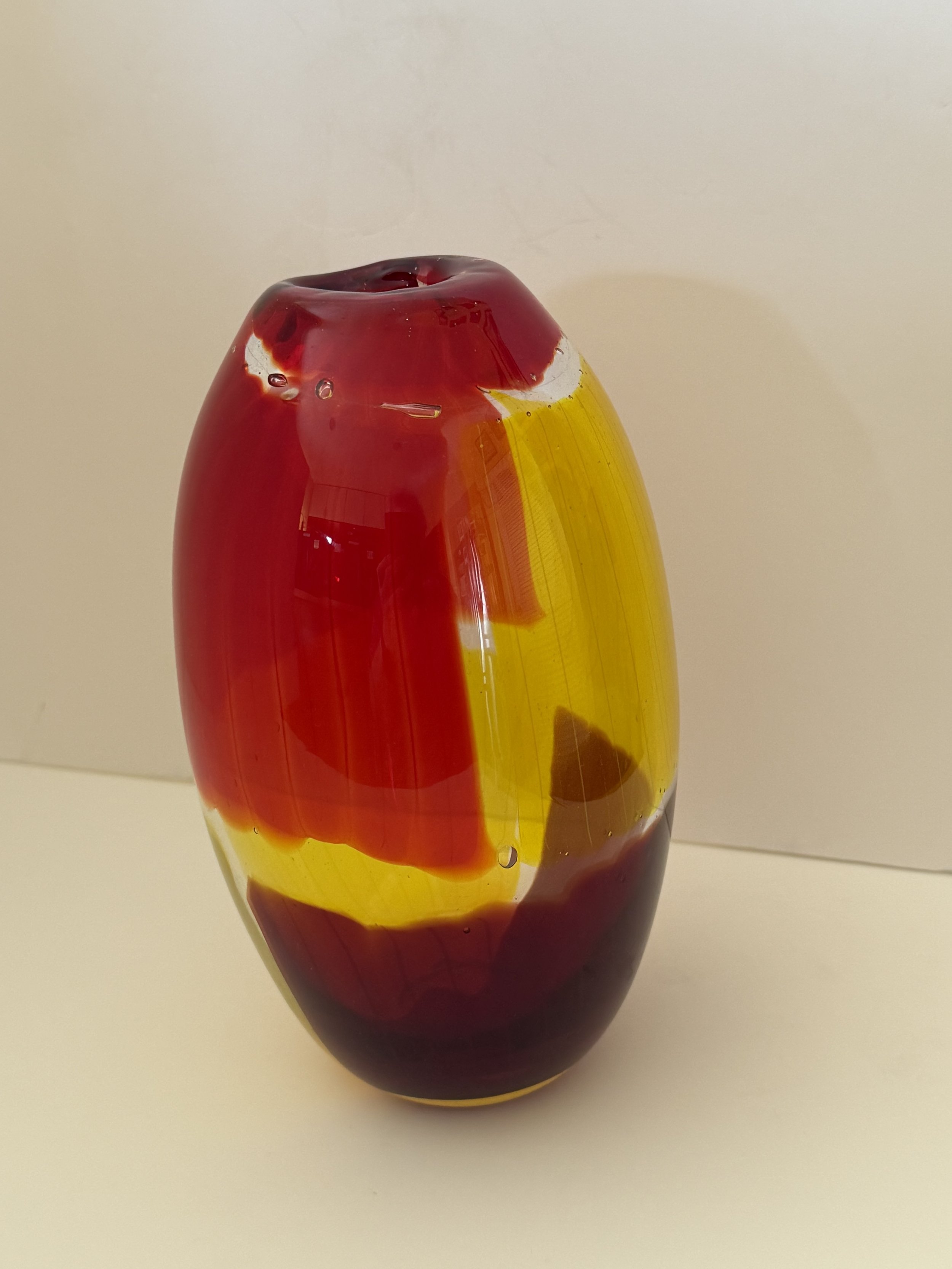 Handblown glass vase, Transparent red and yellow with clear borders.