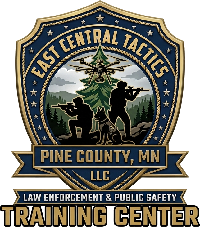A badge-shaped emblem for East Central Tactics, Pine County, Minnesota LLC, Law Enforcement & Public Safety Training Center, featuring silhouettes of armed personnel, a dog, a tree, and a drone.