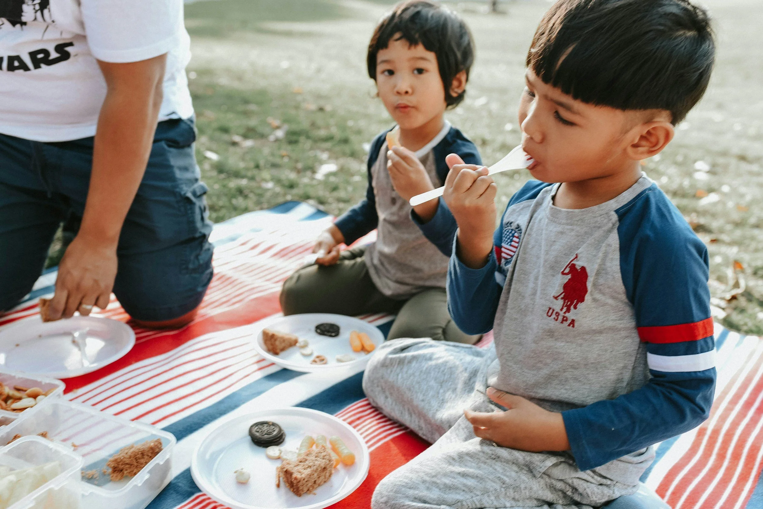 Two young boys are eating outdoors at a picnic table with a red, white, and blue striped tablecloth, surrounded by plates of cake, cookies, and snacks.