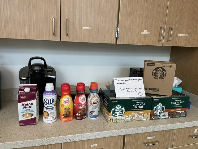 coffee supplies sitting on a counter for staff appreciation