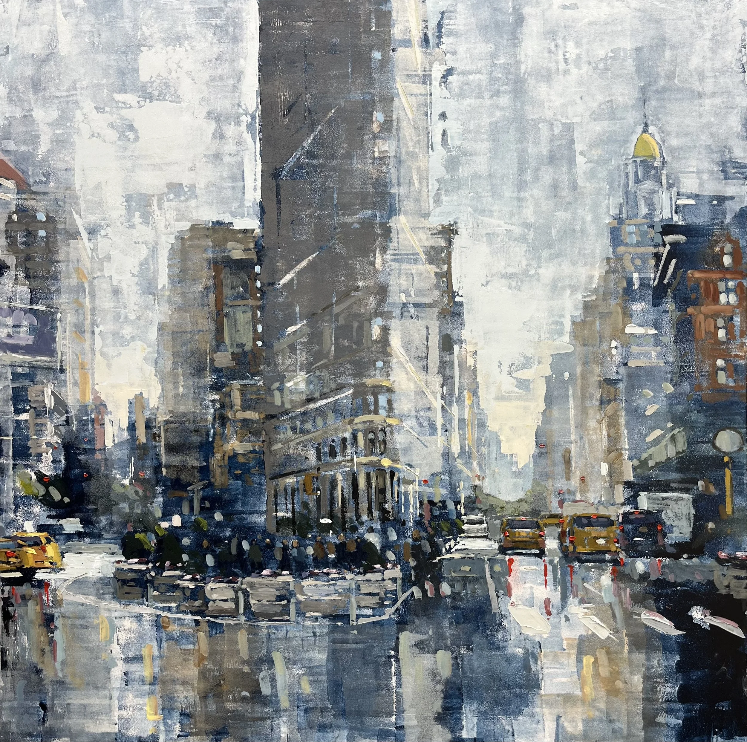 Peinture urbaine d'Adrien Faveau représentant le Flatiron Building de New York et la rue attenante sous la pluie, entre reflets, circulation et architecture.