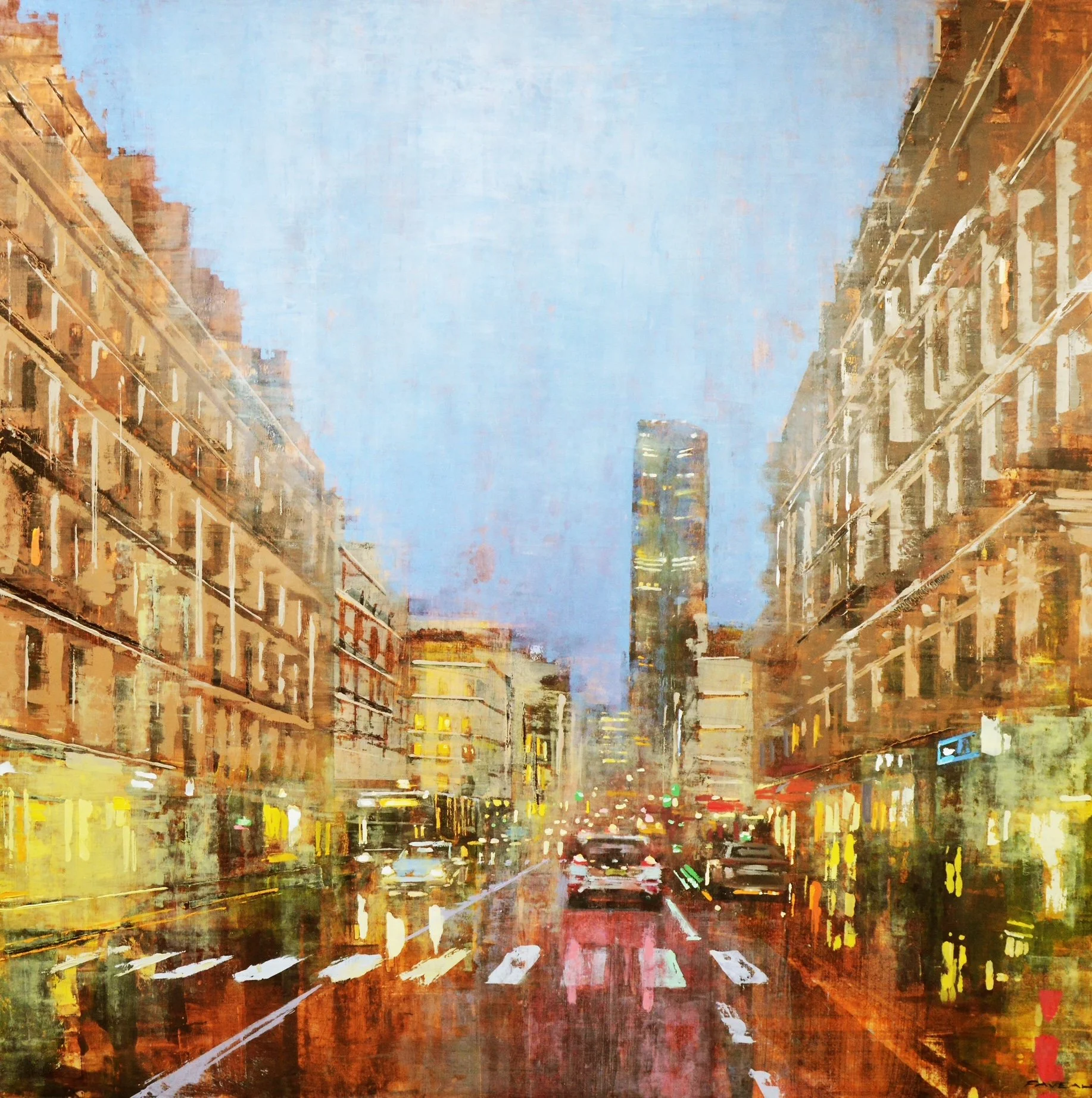 Rue de Rennes, fin d'après-midi d'hiver - 120 x 120 cm - Huile sur bois
