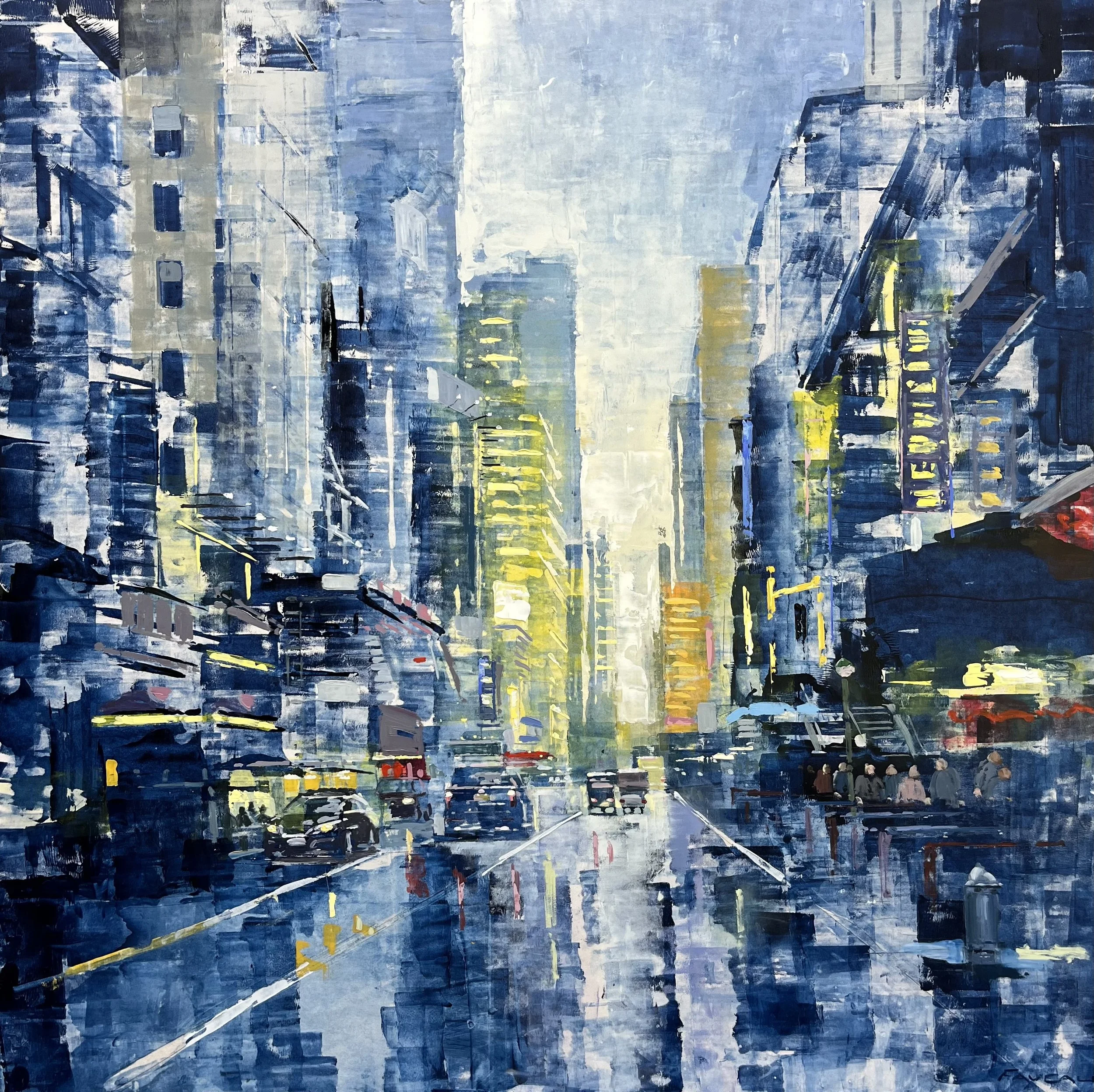 Une peinture abstraite représentant une ville vue d'en haut, avec des bâtiments en tons de bleu, de gris et quelques touches de jaune et rouge, dans un style impressionniste.