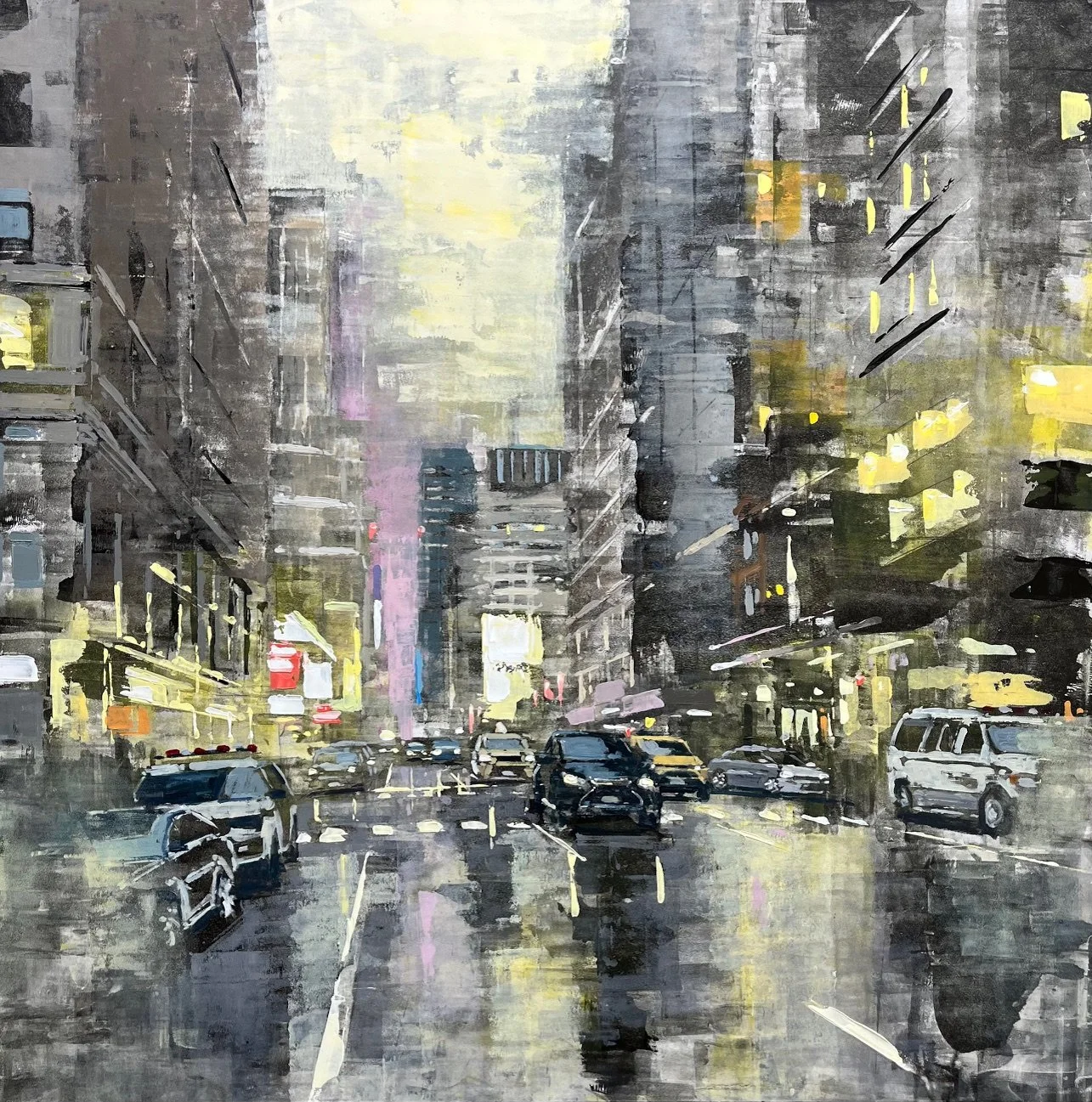 7th Avenue yellow lights - 100 x 100 cm - Huile sur bois