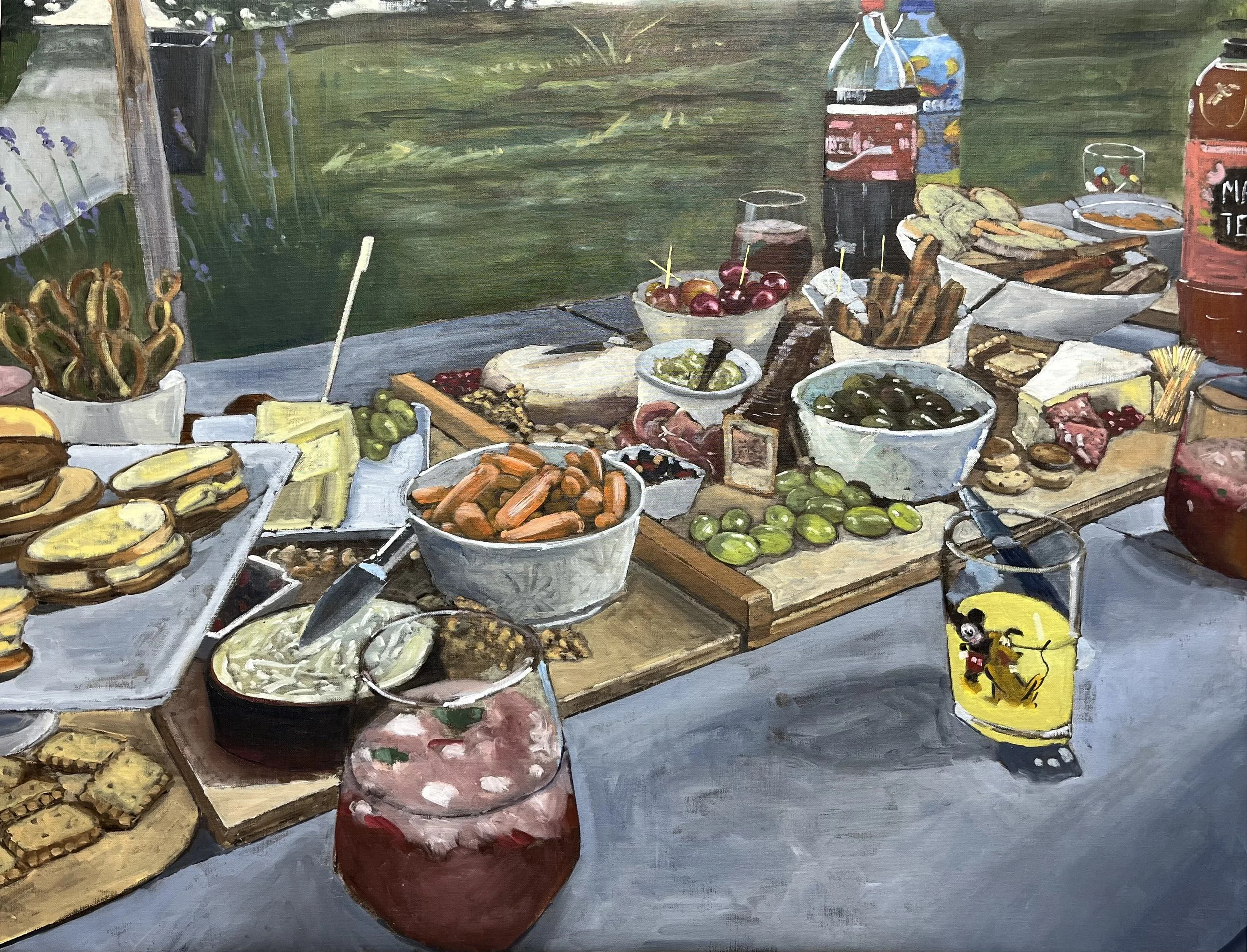 Peinture d'Adrien Faveau représentant une table dressée en plein air avec boissons, fruits et nourriture.