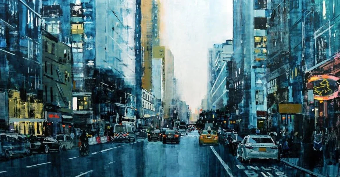 Peinture urbaine d'Adrien Faveau représentant la 7th Avenue de Manhattan avec bâtiments, voitures et silhouettes, dans une atmosphère aux tonalités froides.