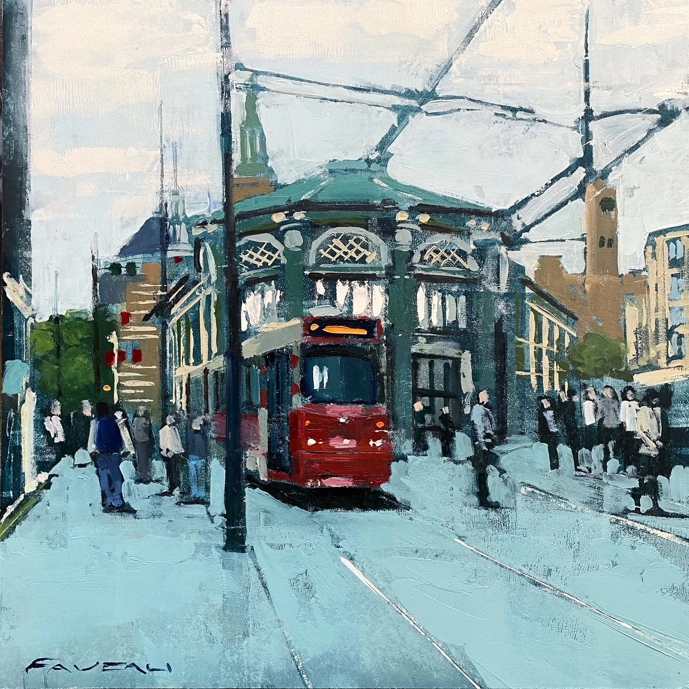 Gravenstraat red Tram - 36 x 36 cm - Huile sur bois
