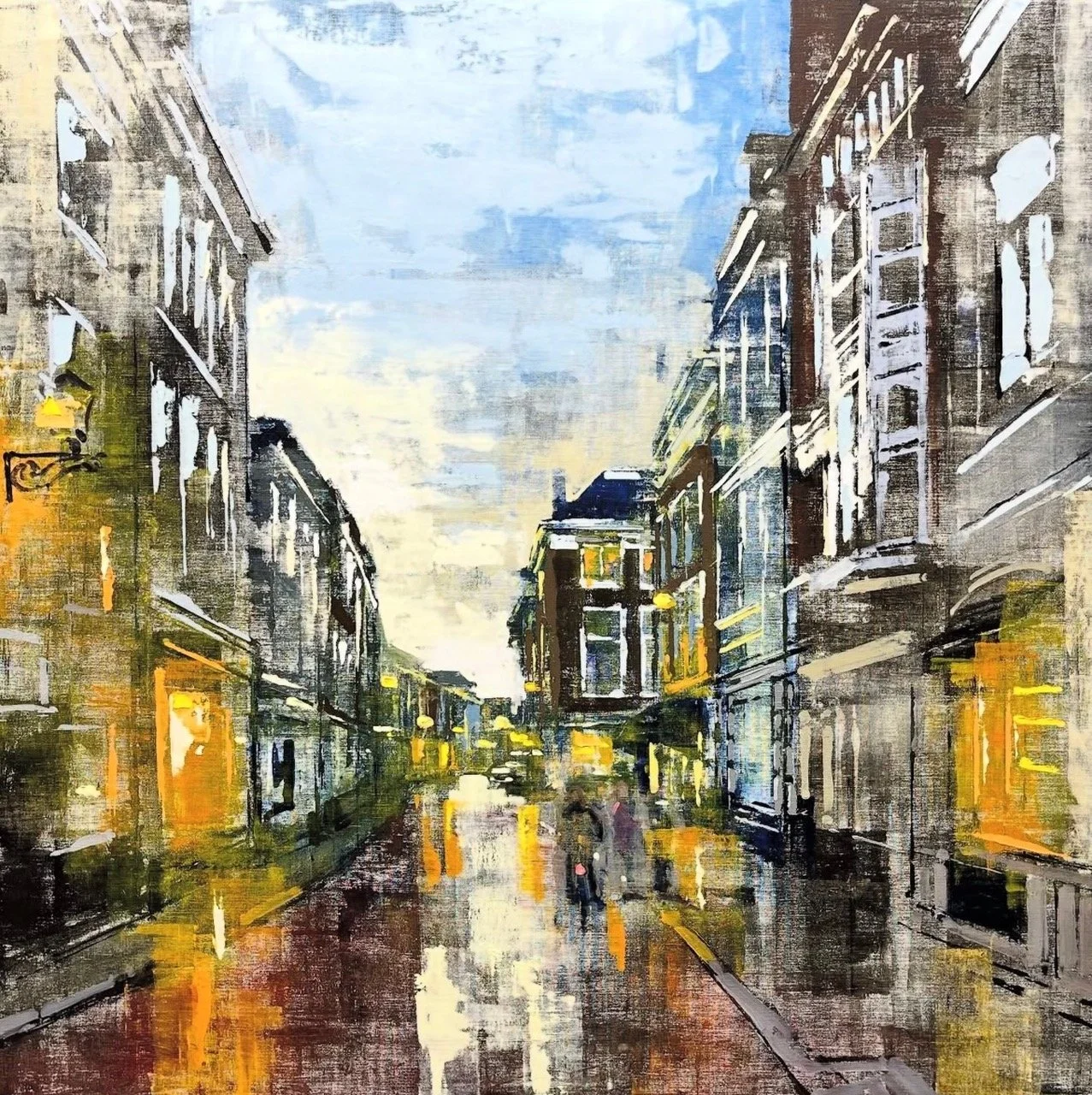Peinture urbaine d'Adrien Faveau représentant le quartier de Denneweg dans la ville de La Haye aux Pays-Bas. Pluie, lumières et reflets sur le sol agrémentent ce paysage.