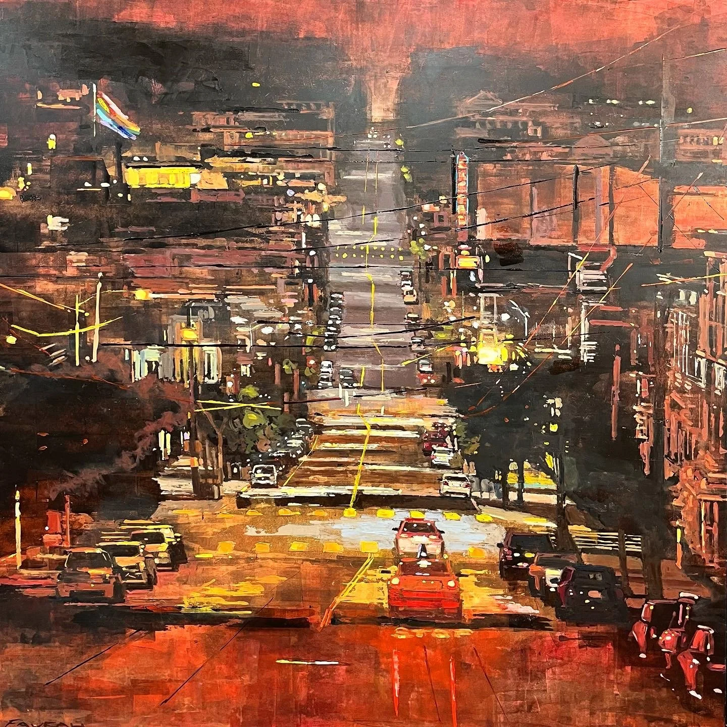 San Francisco night lights - 100 x 100 cm - Huile sur bois