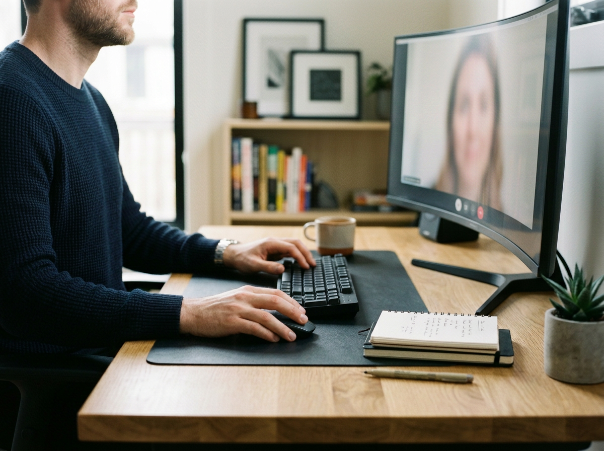 Man participating in a video conference call on a computer at a wooden desk, with a notebook, pen, coffee mug, and a potted plant.