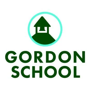 Logo for Gordon School featuring a green house with a chimney inside a turquoise circle, and the words "Gordon School" in green.