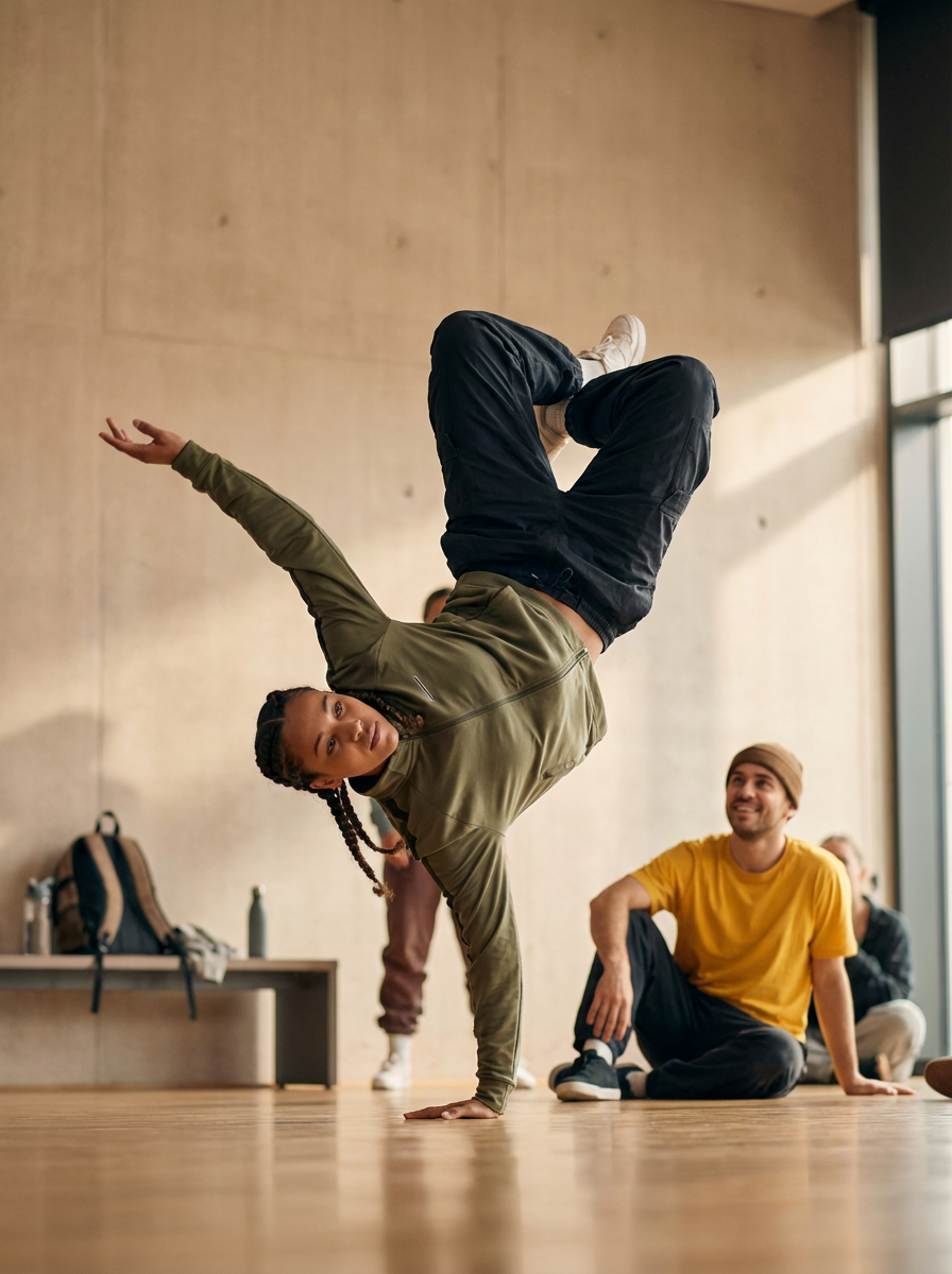 A woman in a green jacket performing a handstand with one leg bent and looking at the camera, while smiling men watch and support her.