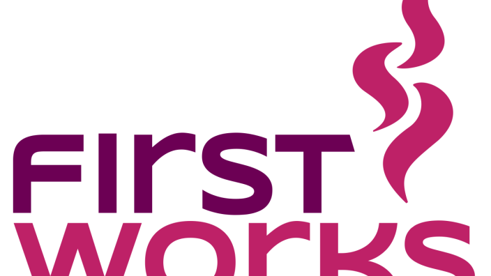 Logo with the words "First Works" in purple and pink with a stylized purple and pink steam coming from the top.