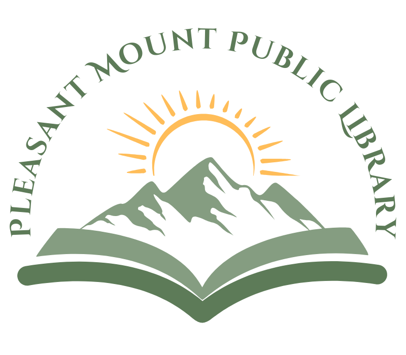 Logo for Pleasant Mount Public Library featuring a mountain with a sunrise and an open book beneath