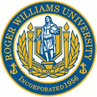 Roger Williams University emblem featuring a figure holding a book, with laurel branches and a shield, and the university's name and founding year 1956.