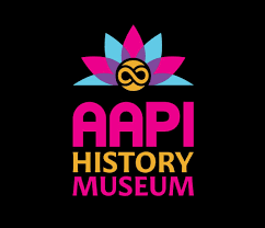 Logo of AAPI History Museum featuring a colorful lotus flower with a stylized black and gold infinity symbol at the center, and text in pink and yellow reading 'AAPI HISTORY MUSEUM'.