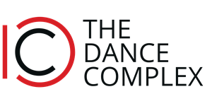 Logo for The Dance Complex, featuring a circular red and black graphic and black text.