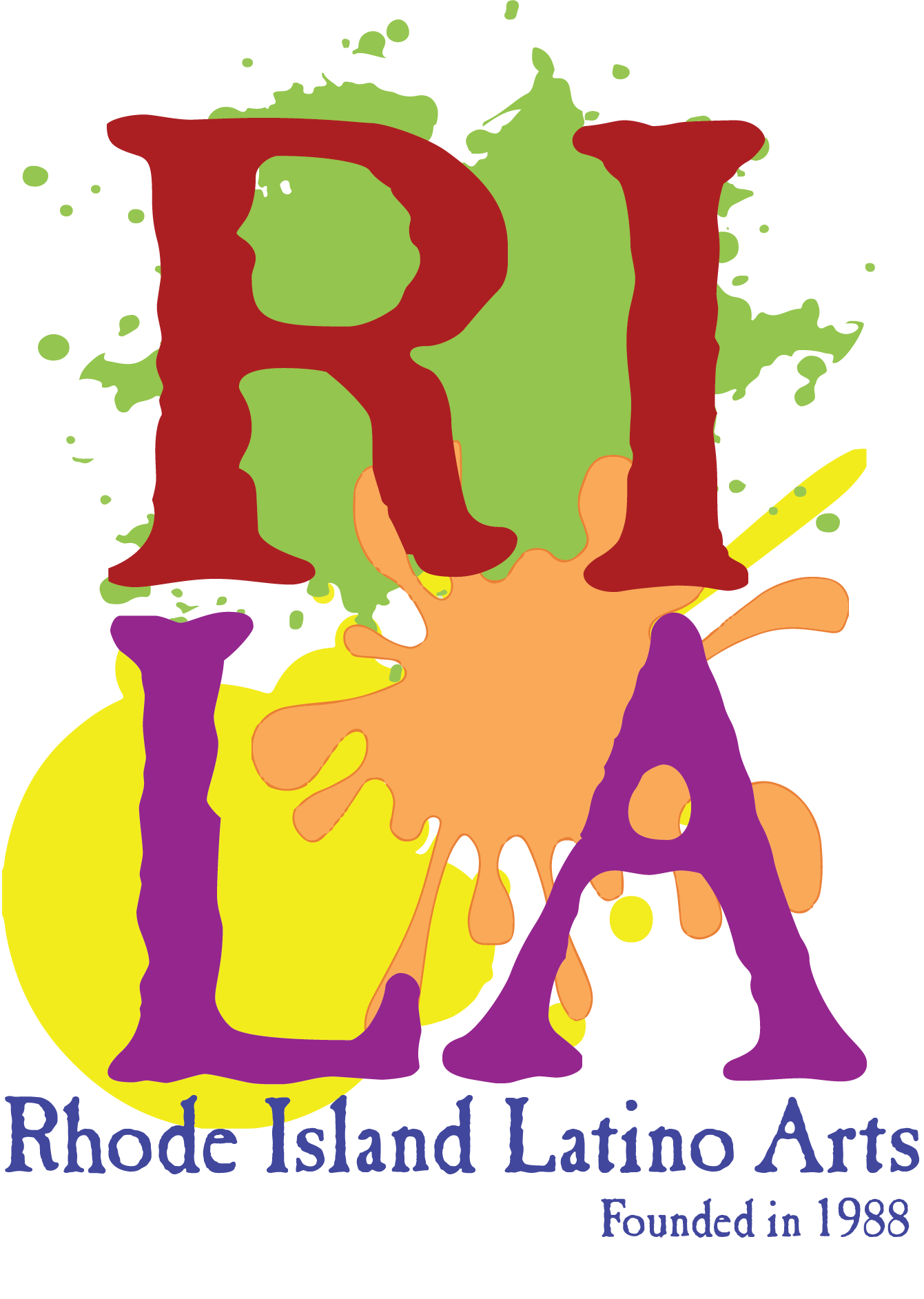 Colorful logo of Rhode Island Latino Arts with splashes of paint and the text 'Rhode Island Latino Arts Founded in 1988'.