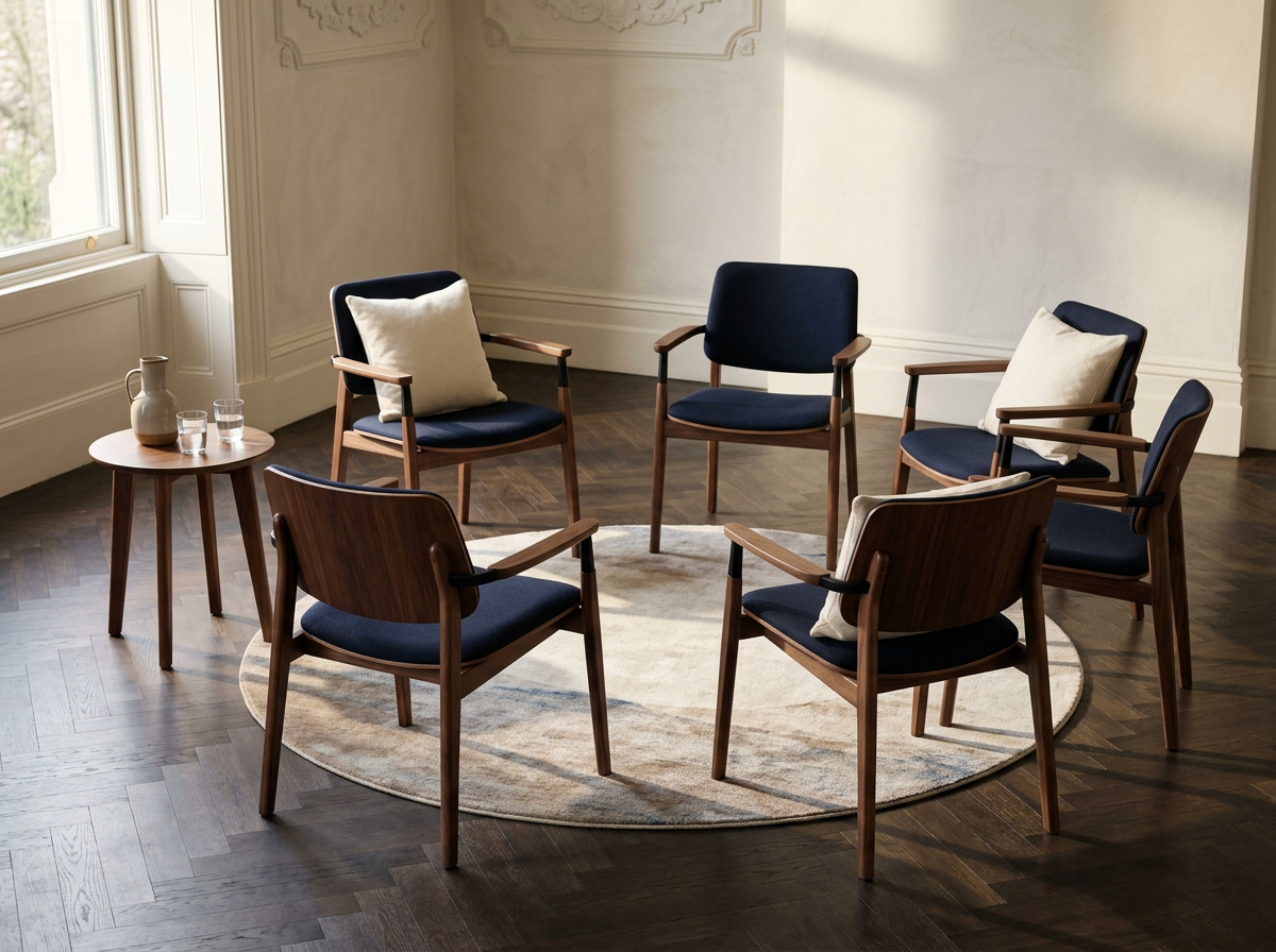 A circle of chairs arranged for facilitated dialogue