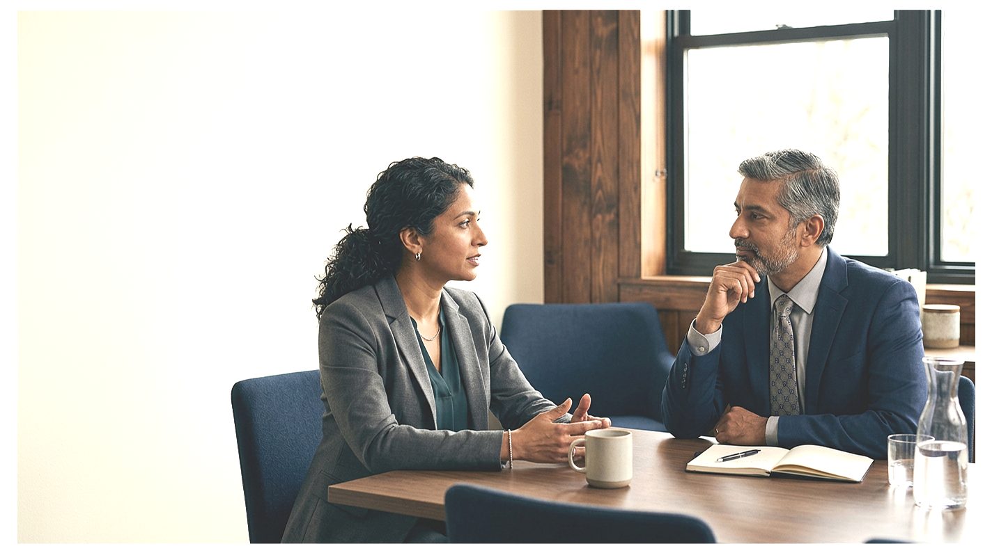Two professionals engaged in a focused conversation