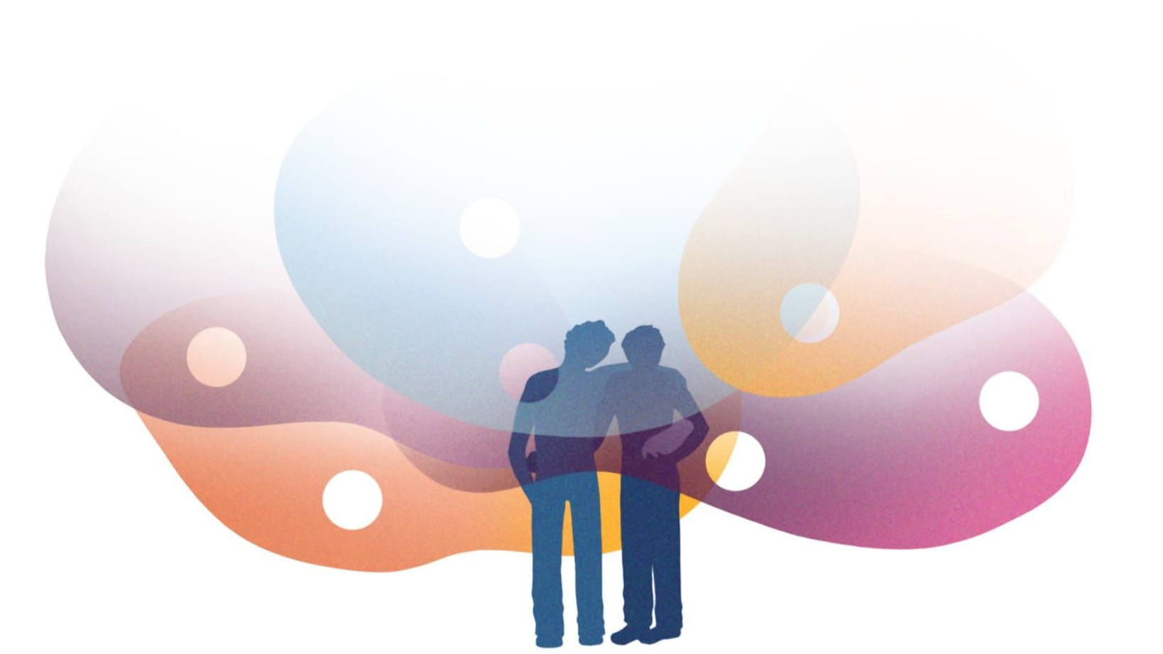 Silhouettes of two people with short hair standing close together, talking and smiling, with colorful abstract background featuring circles and soft gradient colors.