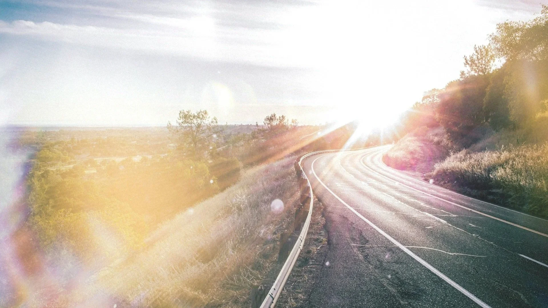 A winding road on a hillside during sunset with trees and bushes on the side, and the sun shining brightly in the horizon.