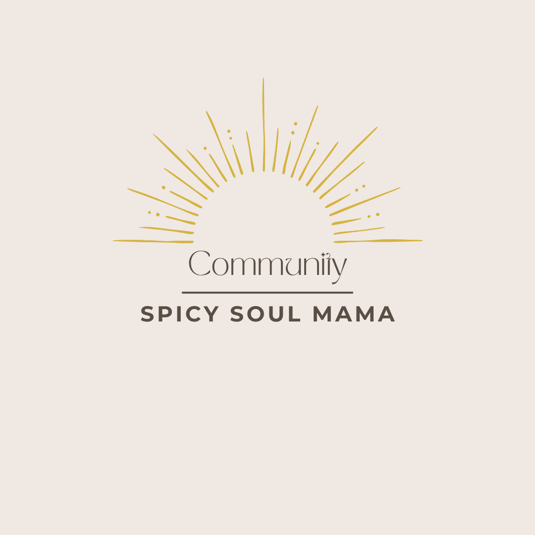 Logo with a stylized sun made of yellow lines and dots, captioned 'Community Spicy Soul Mama'.