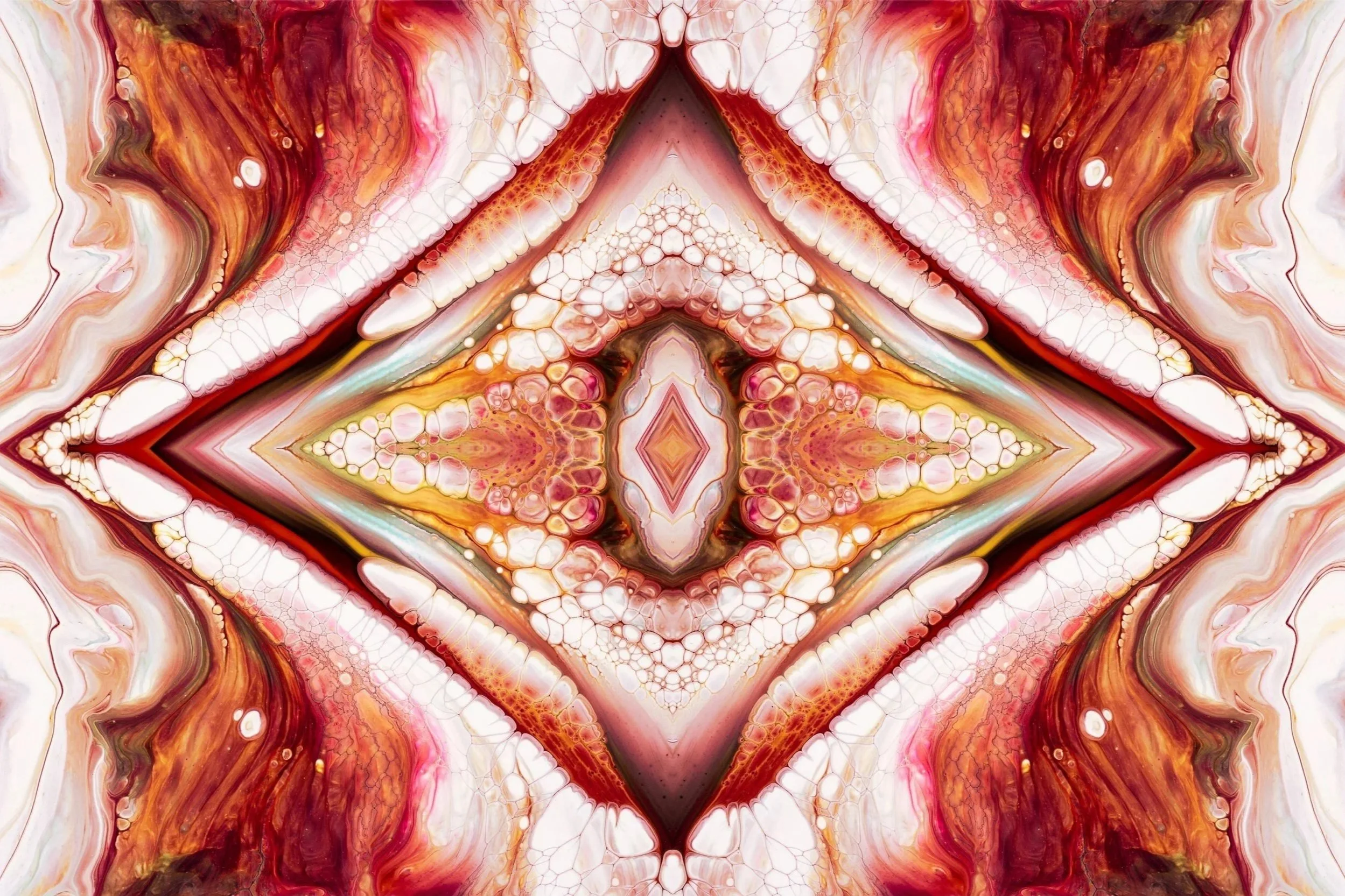 Abstract painting with symmetrical patterns in shades of red, pink, orange, and white, resembling a stained glass design.