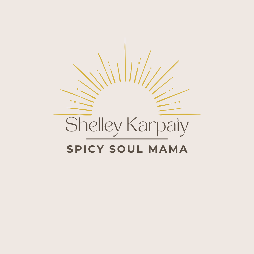 Logo for Shelley Karpay's 'Spicy Soul Mama' featuring a stylized sun with rays, beige background, black text.