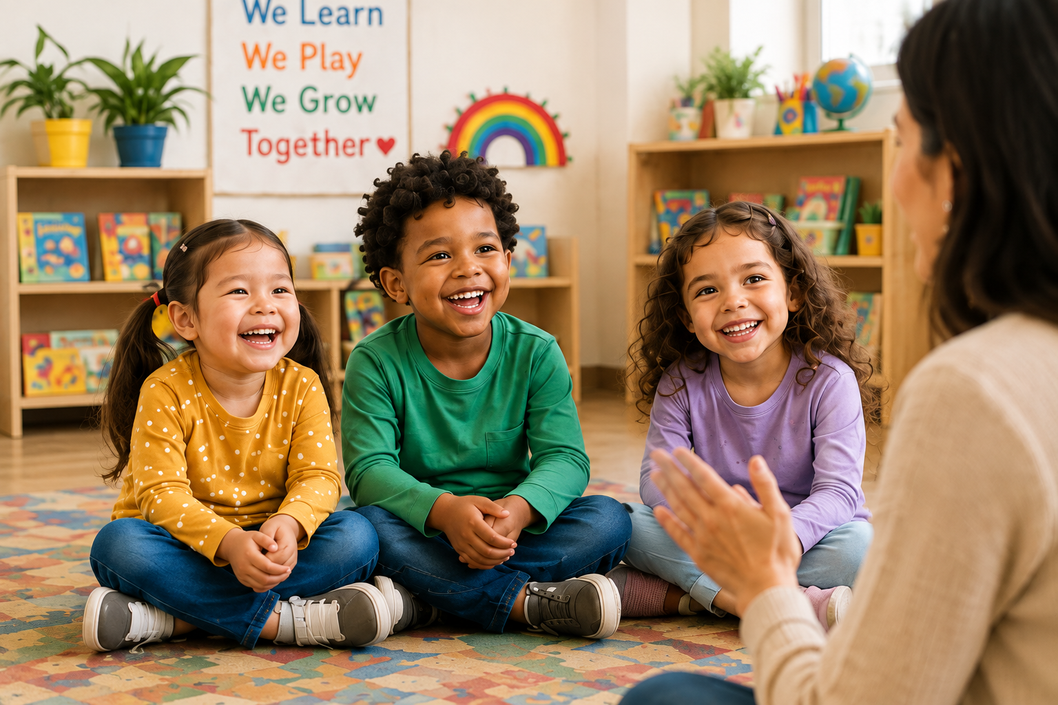 Three young children sitting cross-legged on a carpet, smiling and listening to a woman in a classroom with colorful bookshelves and educational decorations.