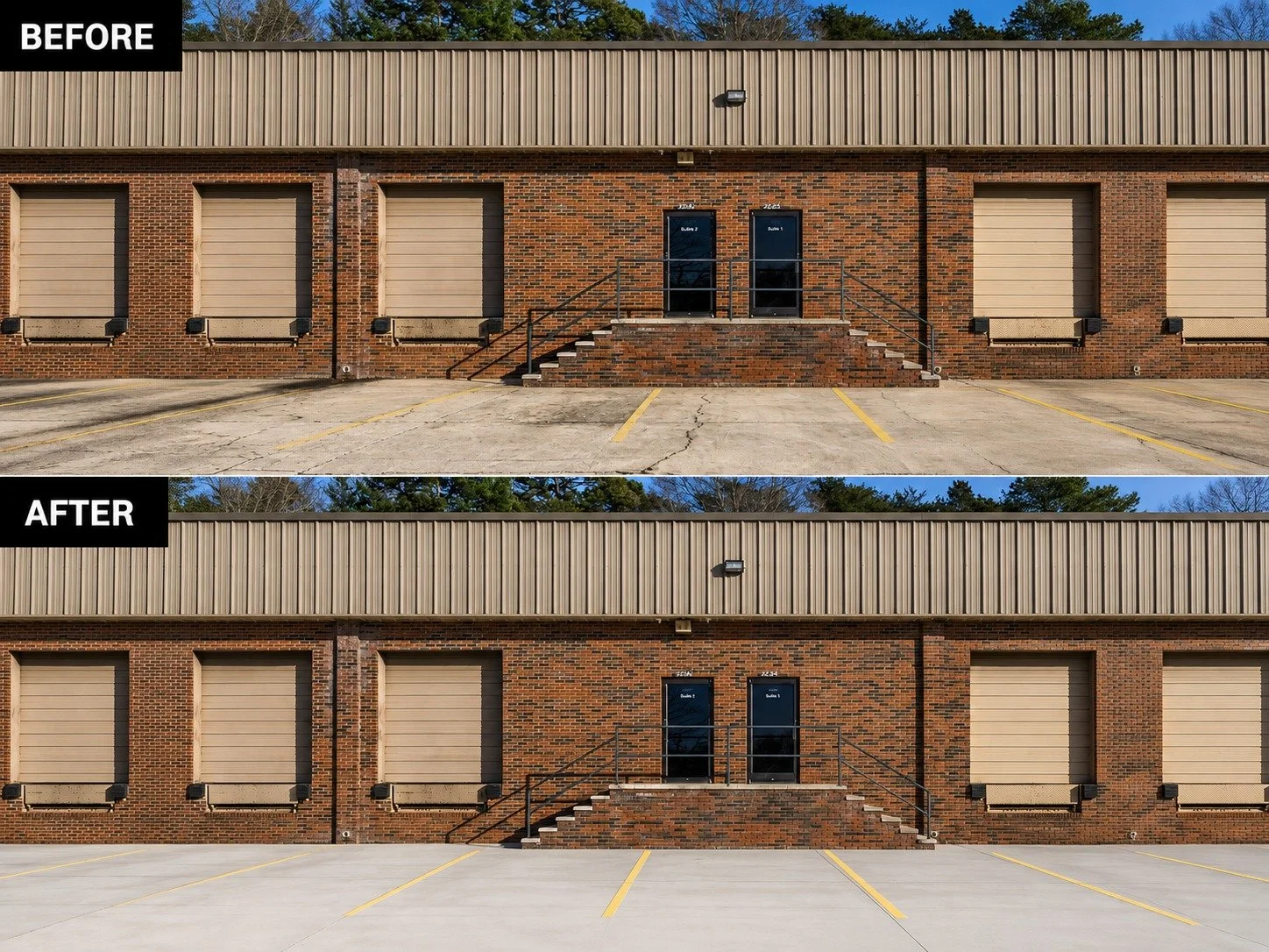 Side-by-side comparison of a brick building with closed roll-up doors in a parking lot, showing a before image with an outdated siding and an after image with a new beige metal siding installed at the top of the building.