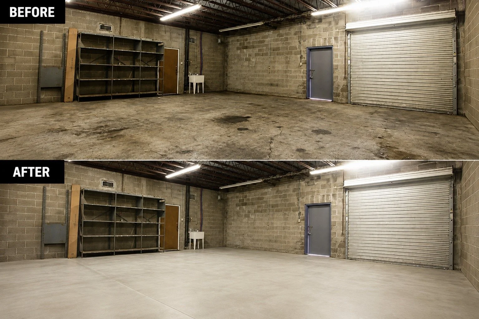 Comparison of an empty garage before and after renovation, showing a cleaned and polished concrete floor in the after image.