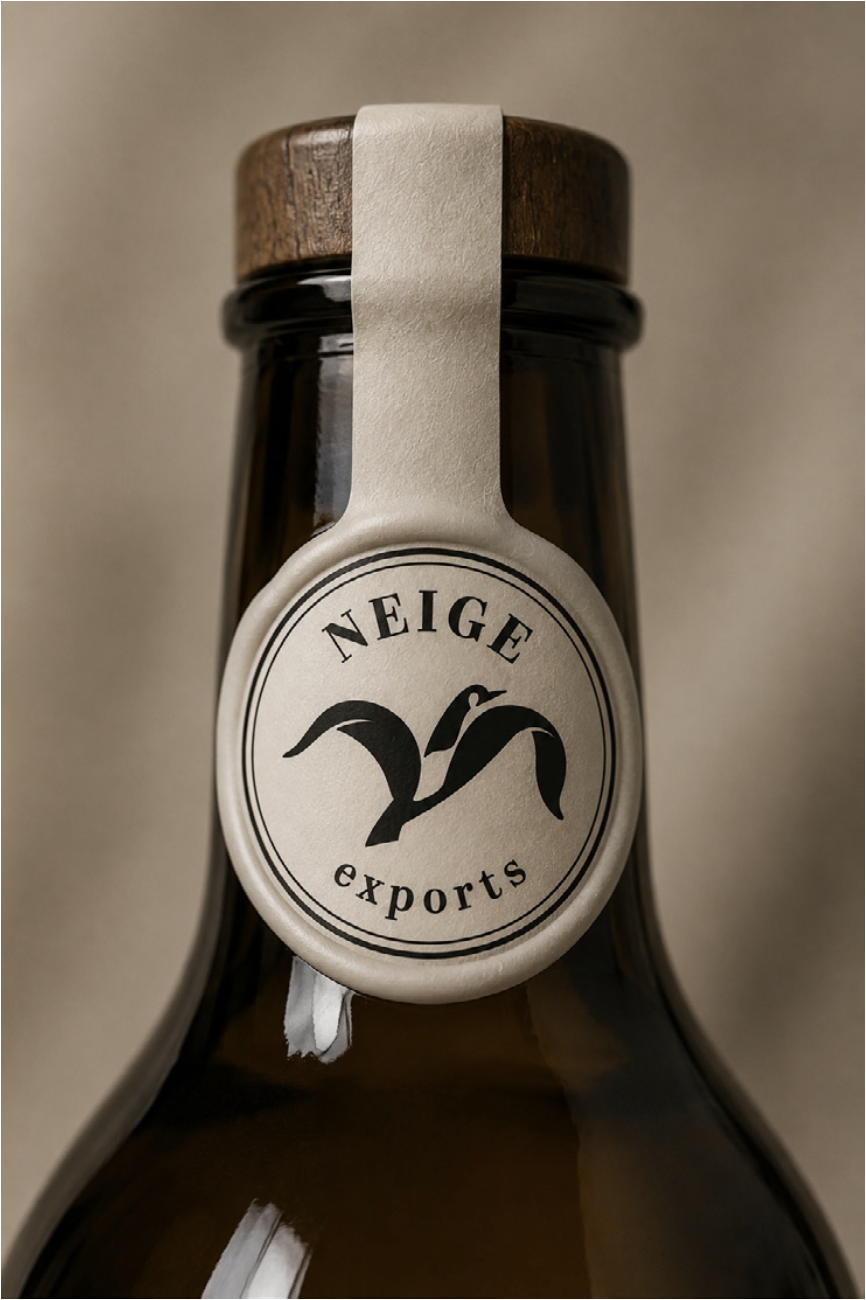 Close-up of a bottle neck with a beige label and a wooden cap, featuring a logo with three stylized penguins and the text 'Neige Exports'.
