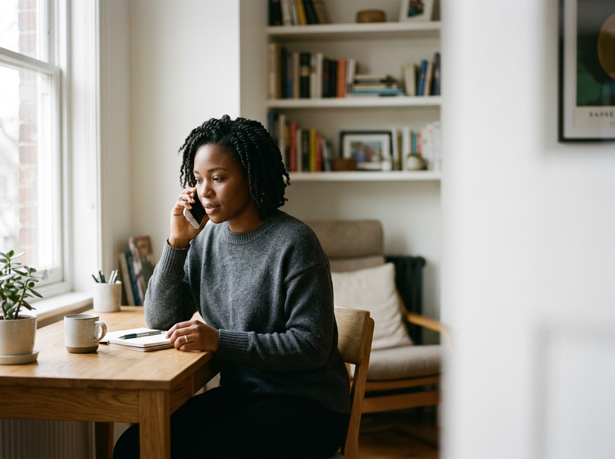 Woman with natural hair talking on a phone while sitting at a wooden table in a bright, cozy room with bookshelves and a window.