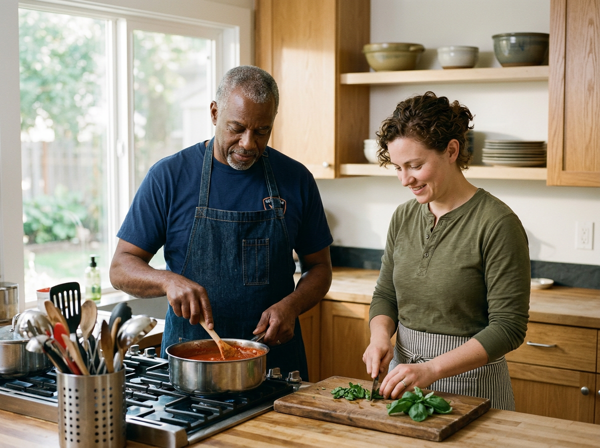 A man and woman cooking together in a kitchen. The man is stirring a pot of tomato sauce on the stove, while the woman is chopping herbs on a wooden cutting board.