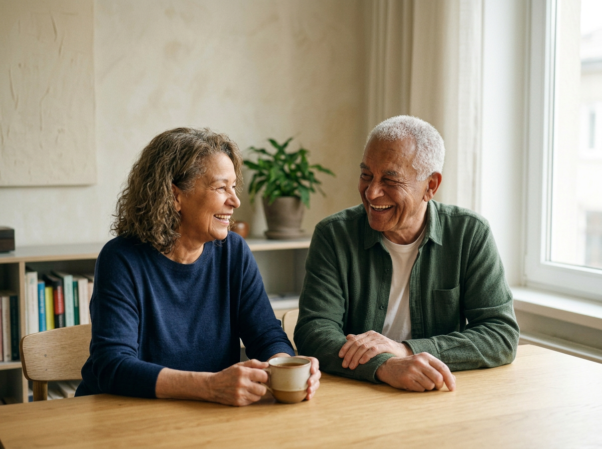 An elderly woman and man sitting at a wooden table, smiling and laughing while having a conversation indoors near a window, with a bookshelf and a potted plant in the background.