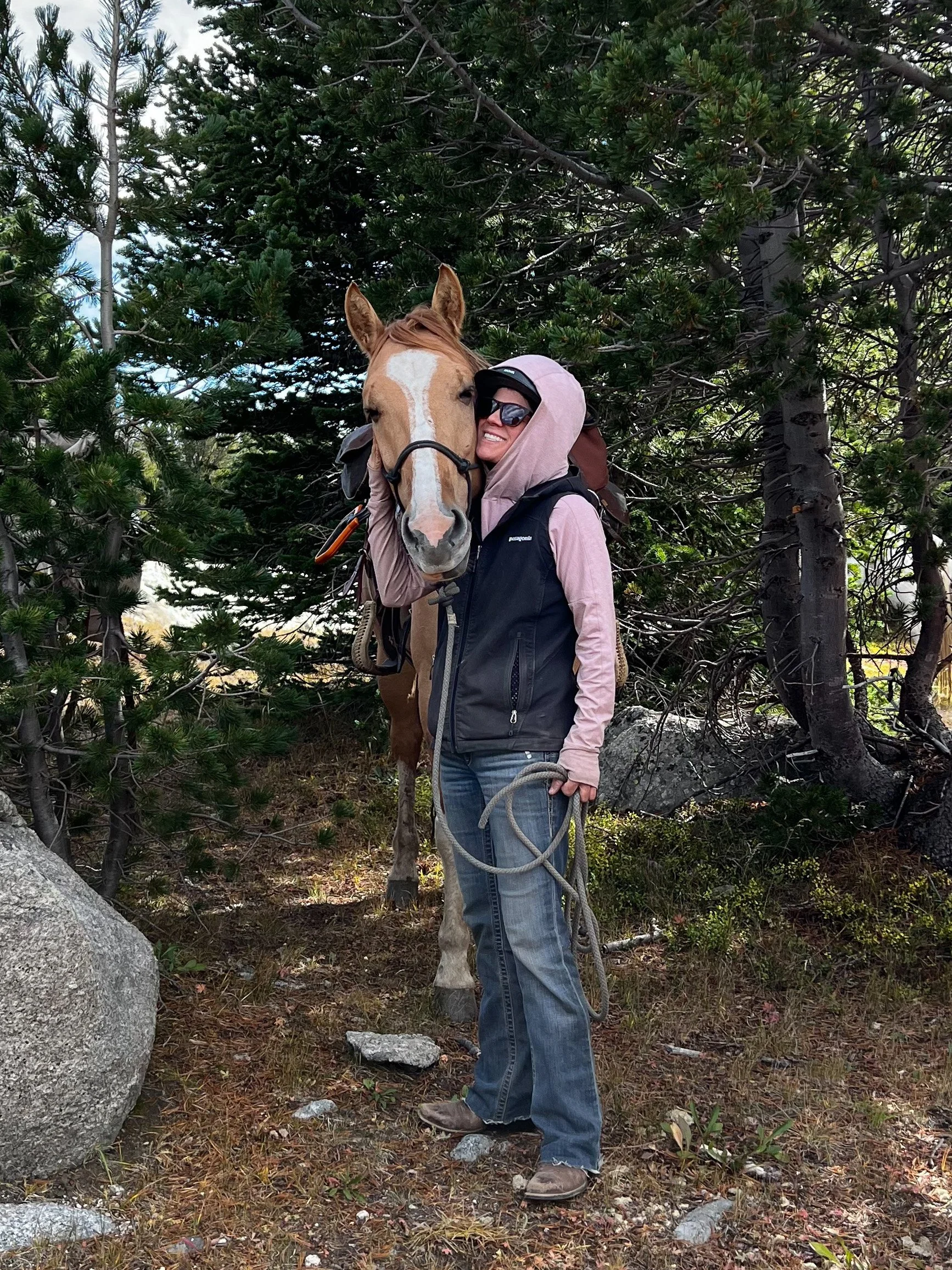 A person in outdoor clothing, including a pink hoodie and sunglasses, is standing next to a horse and hugging its head in a forested area with trees and rocks.