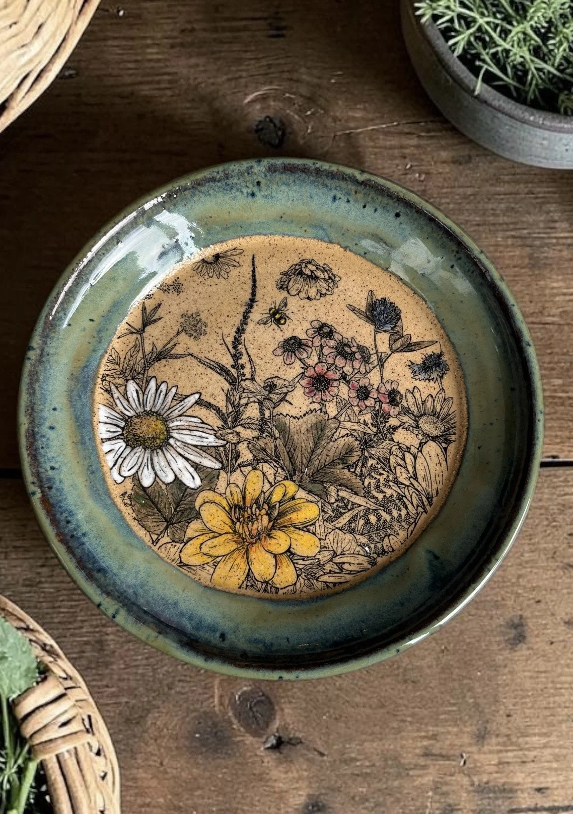 A decorative ceramic bowl with a floral illustration featuring daisies and other wildflowers, placed on a wooden surface with part of a potted plant visible in the background.