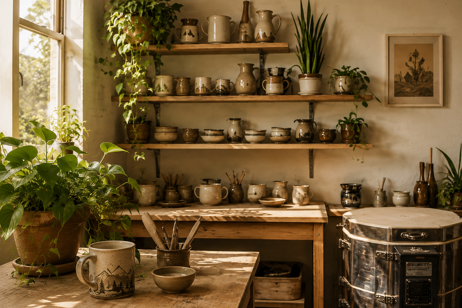 Cozy rustic kitchen with wooden shelves holding pottery and plants, sunlight streaming through a window, and a worktable with a potted plant, mugs, bowls, and utensils.