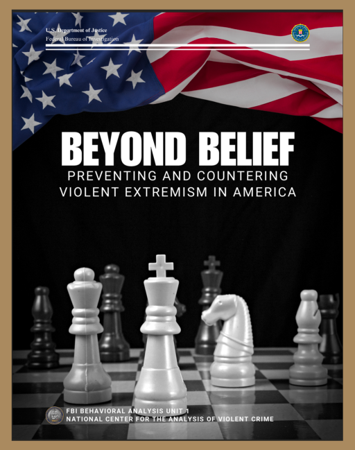 Cover page of a report titled 'Beyond Belief: Preventing and Countering Violent Extremism in America' with a black background, featuring chess pieces and an American flag in the background.