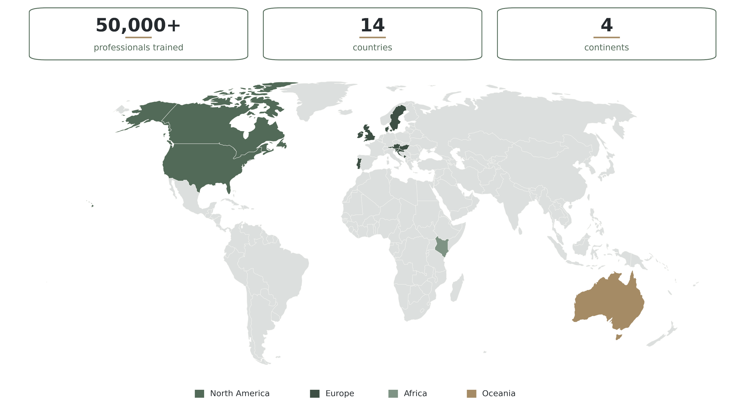 World map showing countries in different continents, with North America, Europe, Africa, and Oceania highlighted in different shades of green, brown, and gold, and a legend indicating color coding for each continent.