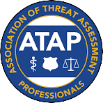 Circular logo for the Association of Threat Assessment Professionals (ATAP) with blue and gold colors, featuring a scale, a shield, and a gavel.