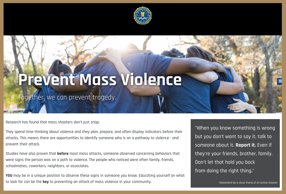 Website homepage for the U.S. Department of Justice / FBI  promoting the prevention of mass violence, featuring a group hug of young people outdoors with fall foliage, and a quote about speaking up when something is wrong.