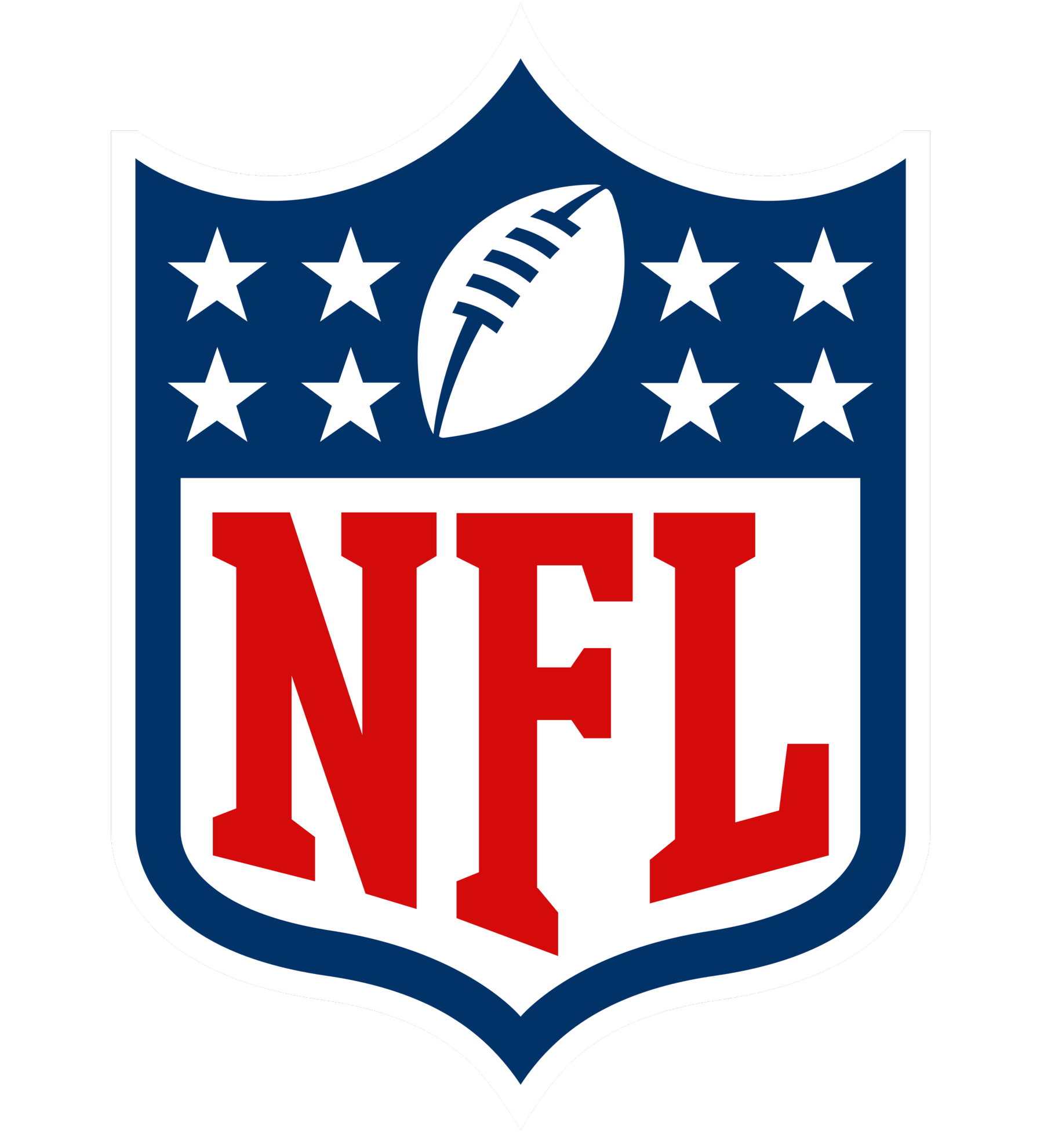 NFL logo with a shield shape, stars in the top half, a football in the center, and red, white, and blue colors.