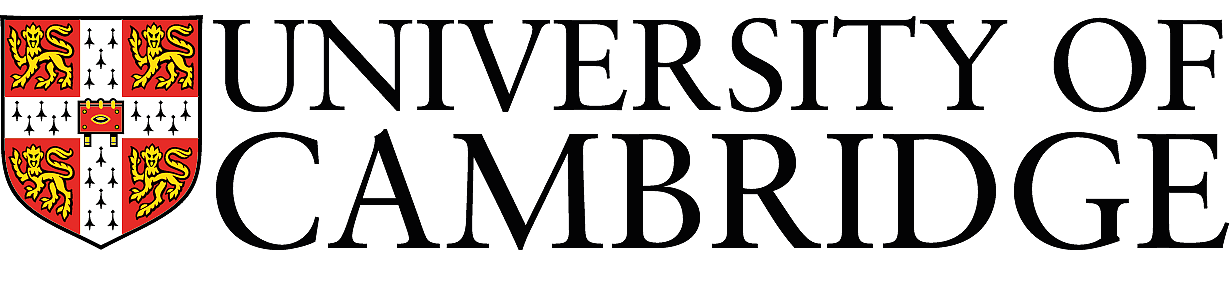 The logo of the University of Cambridge featuring a shield with a cross, lions, and fleurs-de-lis, next to the text 'University of Cambridge' in black uppercase letters.