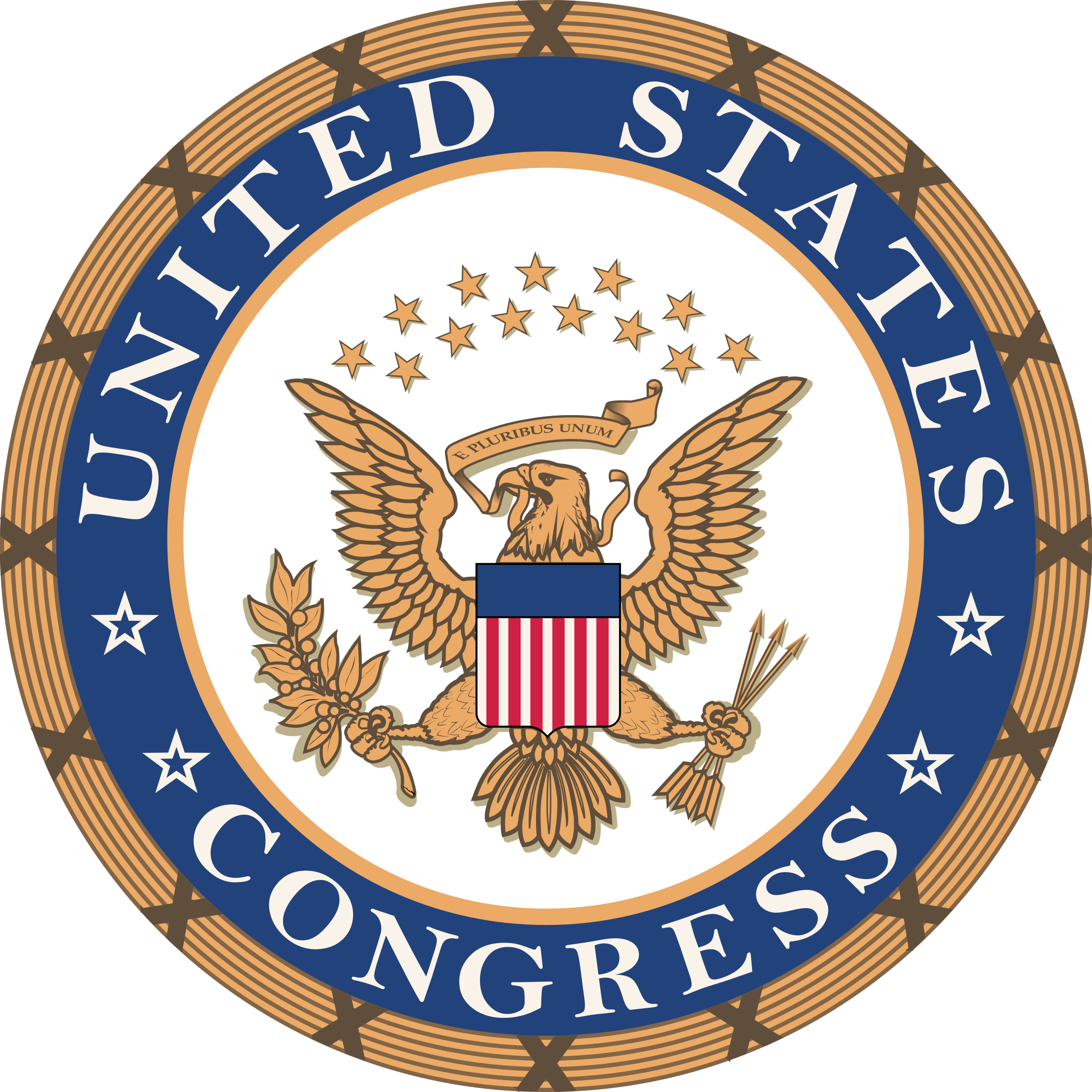 Close-up of the official seal of the United States Congress showing a bald eagle holding a shield, surrounded by a blue ring with white lettering.