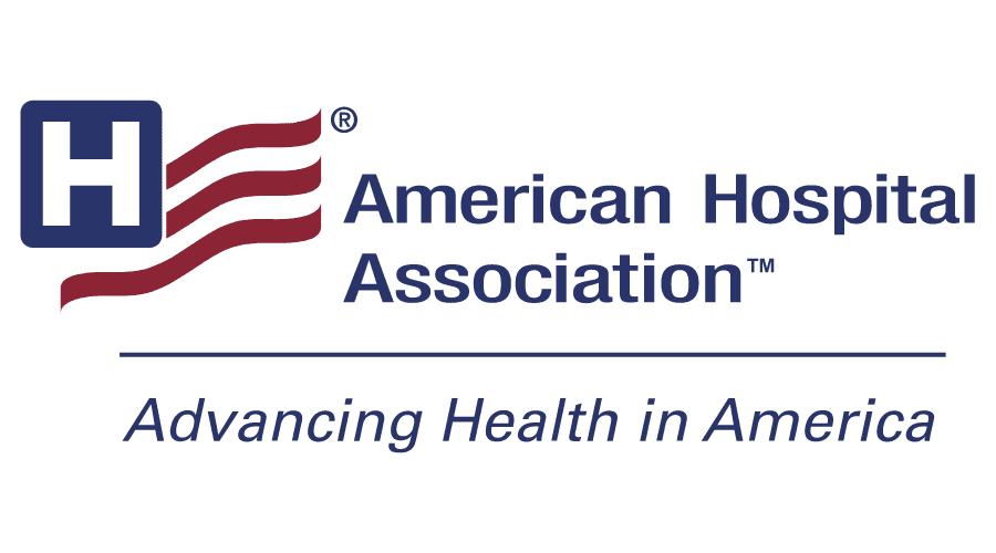 Logo of the American Hospital Association with a blue 'H' and red wavy lines resembling the American flag, and the text 'American Hospital Association' with the tagline 'Advancing Health in America'.